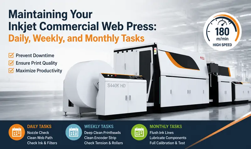 Inkjet web press maintenance focusing on ink system filters rollers and web transport inspection to ensure stable production quality