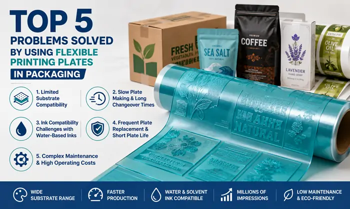 Flexible printing plate used for packaging production, demonstrating improved substrate compatibility, faster processing, water-based ink support, extended plate durability, and reduced operating costs.