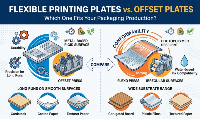 Flexo and offset printing plates key comparison chart, illustrates plate material, press equipment and applicable packaging substrate types