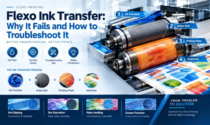 Flexo ink transfer process from ink fountain to anilox roll, printing plate and substrate