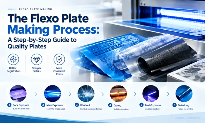 Flexo plate making process showing exposure, washout, drying, post-exposure and detacking