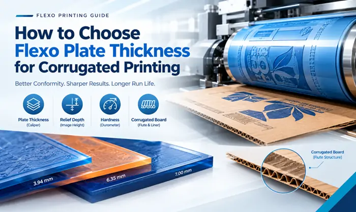 Blue flexographic printing cylinder transferring ink onto corrugated board, with photopolymer plate calipers, relief depth and Shore A hardness comparison for corrugated post-print