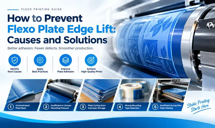 Common causes of flexographic printing plate edge lift, including contaminated plate backs, uneven mounting pressure, plate curling, incorrect mounting tape, and insufficient drying.
